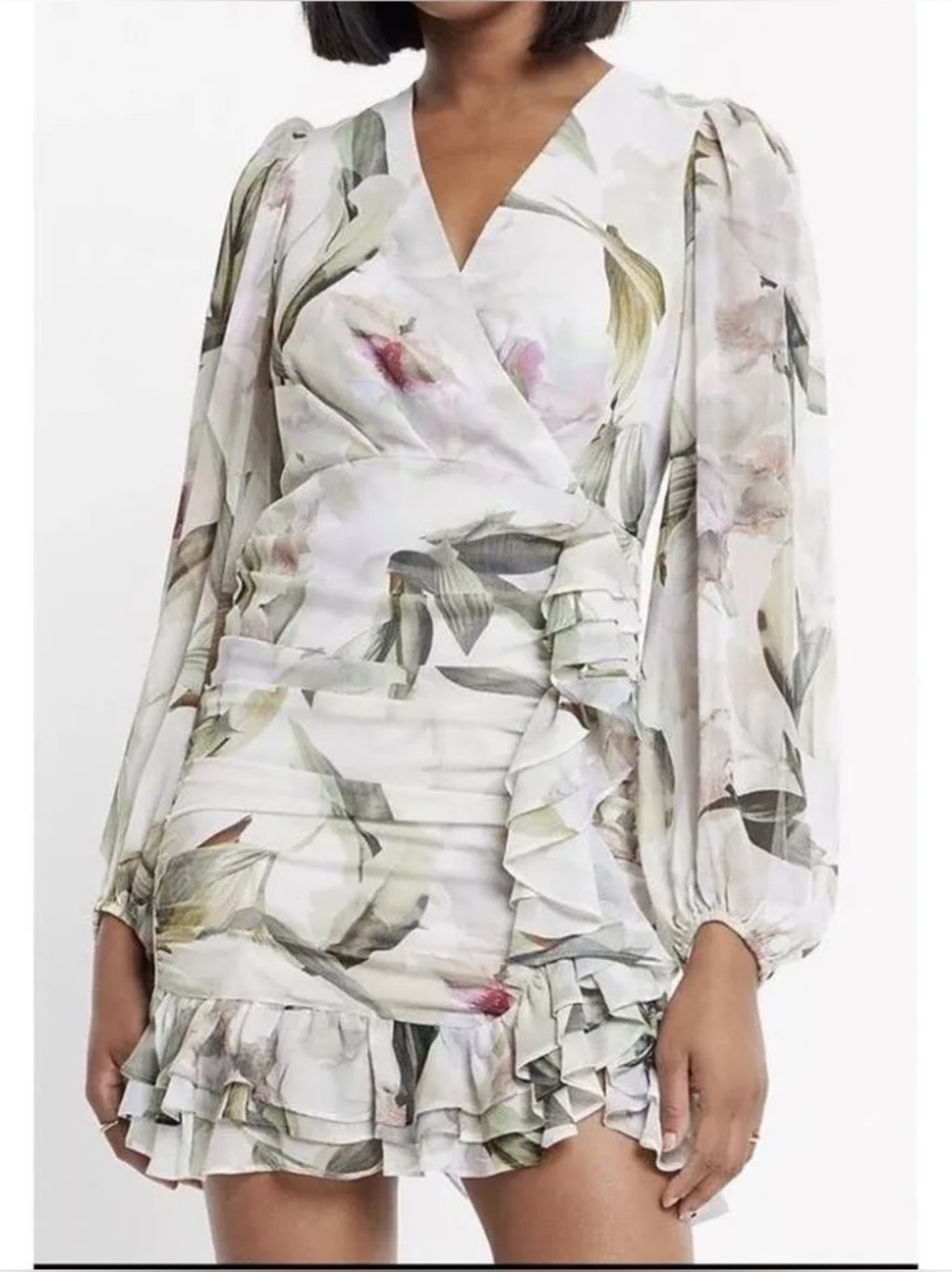 Express Floral Ruffle Mini Dress - White/Green